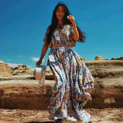 Floral Print Bat Sleeve V-neck Tassel Maxi Rayon Boho Dress