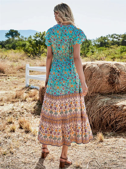 Floral Print Button V-neck Pleated Rayon Beach Maxi Boho Dress