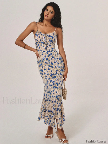 Floral Print Knotted Irregular Hem Long Dress