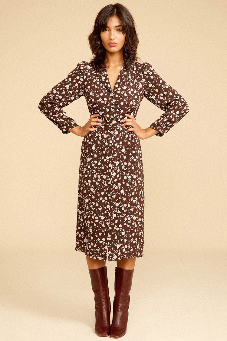Ditsy Floral Print Notched Lapel Button-Front Long Sleeve Shirt Midi Dress