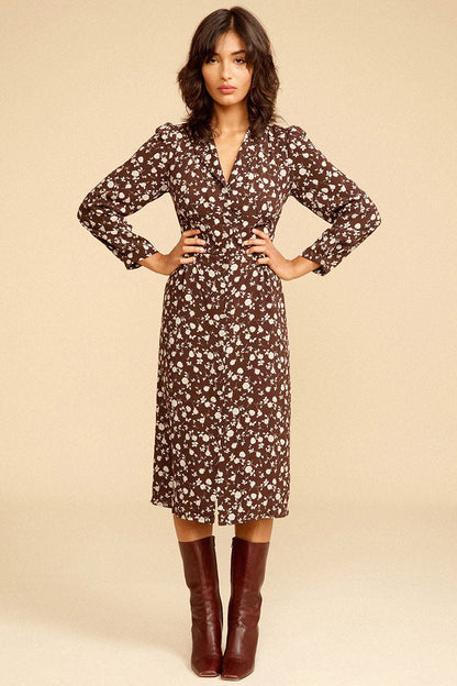 Ditsy Floral Print Notched Lapel Button-Front Long Sleeve Shirt Midi Dress
