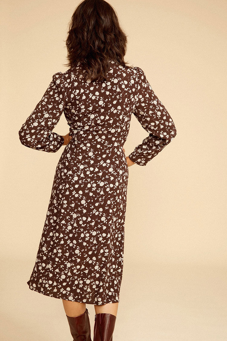 Ditsy Floral Print Notched Lapel Button-Front Long Sleeve Shirt Midi Dress