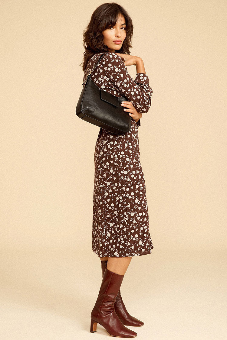 Ditsy Floral Print Notched Lapel Button-Front Long Sleeve Shirt Midi Dress