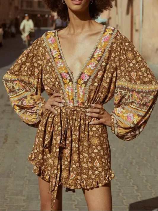 Floral Print Sashes V-neck Long Sleeve Tassel Rayon Boho Romper
