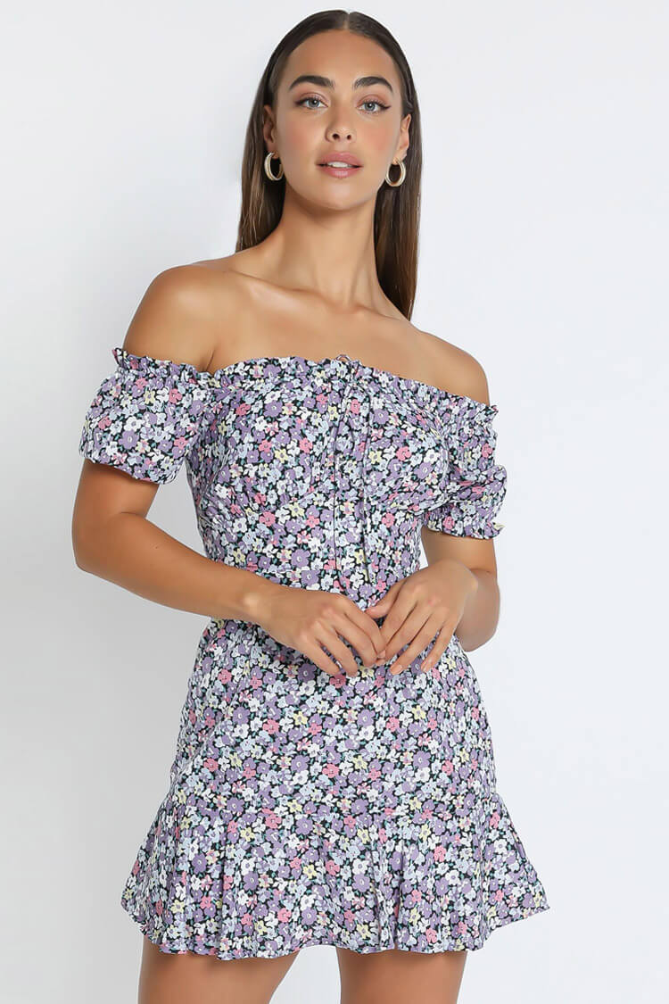 Off-Shoulder Ditsy Floral Tie-Front Keyhole Puff Sleeve Ruffle Mini Dress