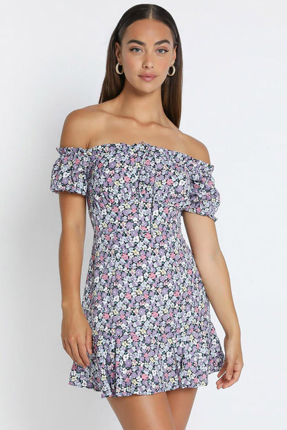 Off-Shoulder Ditsy Floral Tie-Front Keyhole Puff Sleeve Ruffle Mini Dress