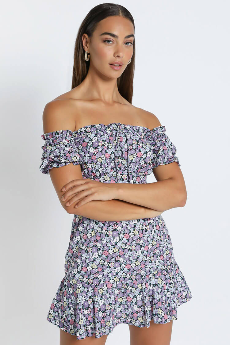 Off-Shoulder Ditsy Floral Tie-Front Keyhole Puff Sleeve Ruffle Mini Dress
