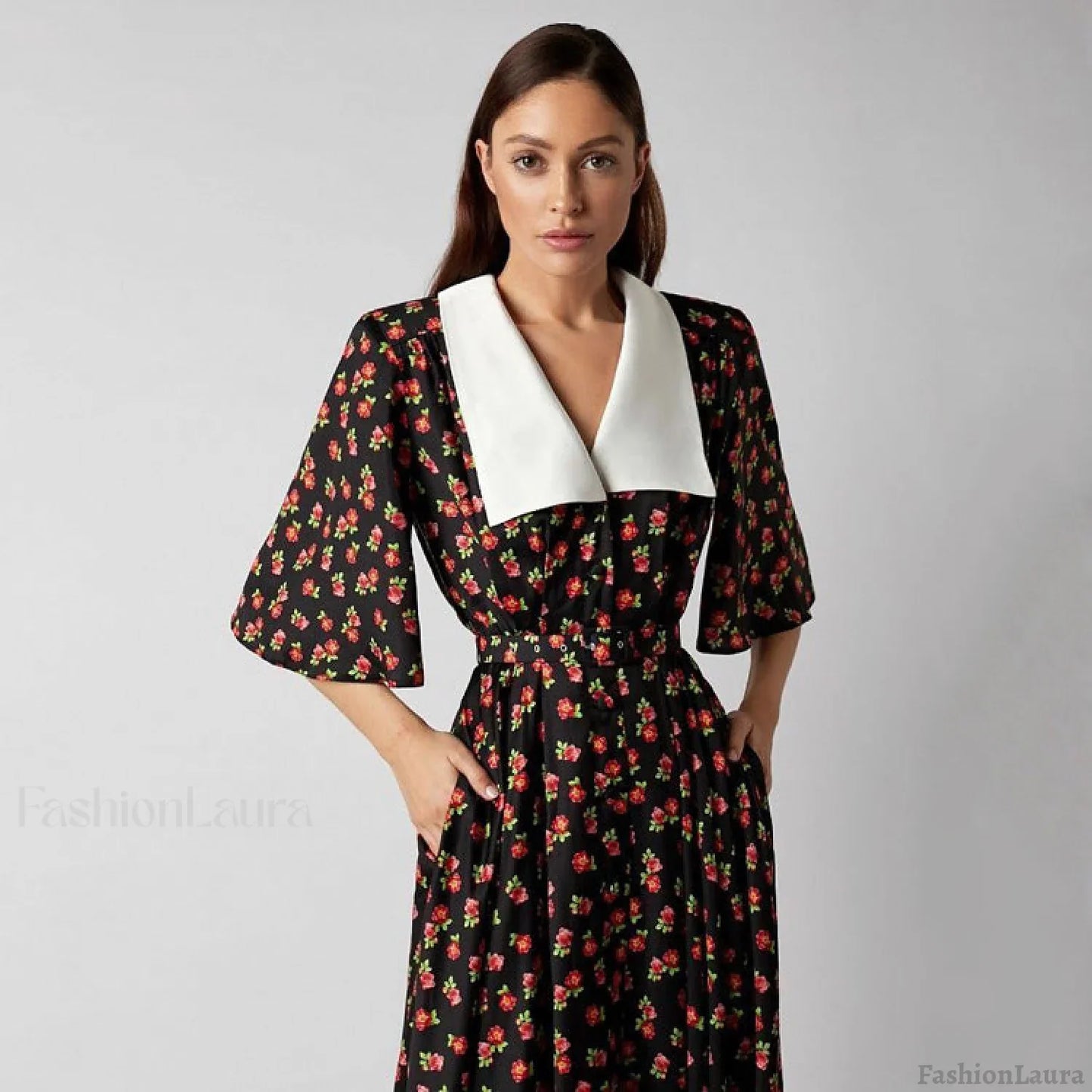 Floral Print Slit Tight Waist A line Dress Elegant Short Sleeve Doll Collar Dress