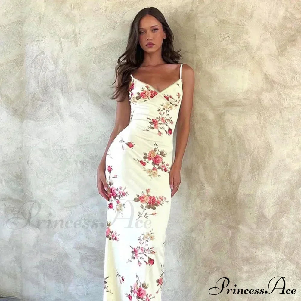 Floral Print Suspender V-neck Maxi Chic Female Beach Party Club Bodycon Dress