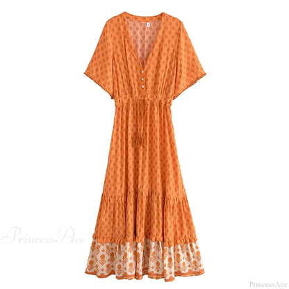 Floral Print Tassel V-neck Rayon Cotton Maxi Boho Dress