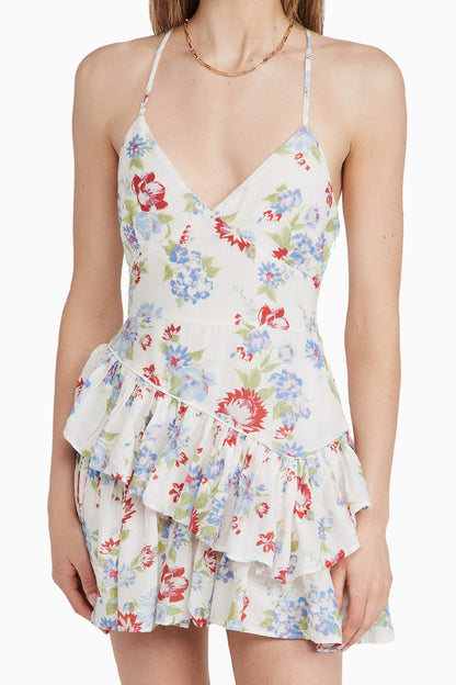 Floral Print Surplice Spaghetti Strap Tiered Asymmetrical Ruffle Mini Dress