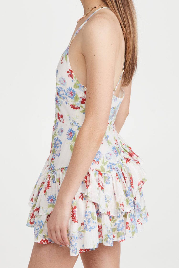 Floral Print Surplice Spaghetti Strap Tiered Asymmetrical Ruffle Mini Dress