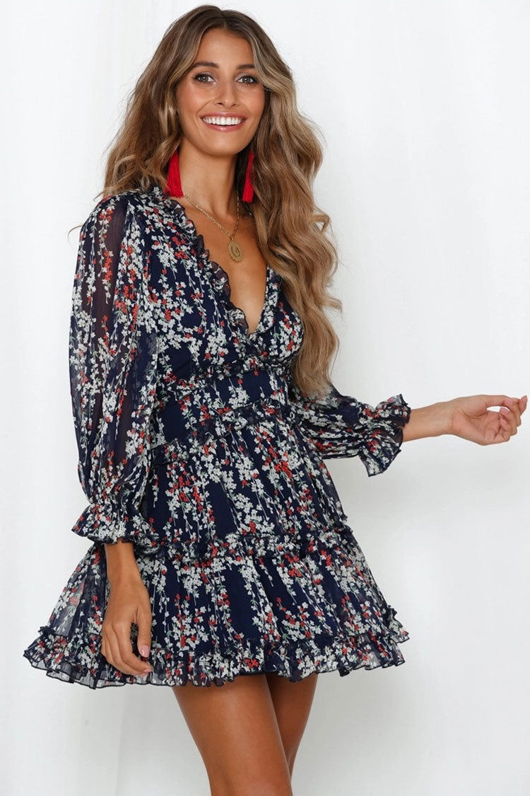 Ruffle Trim V-Neck Sheer Sleeve Tiered Floral Mini Dress