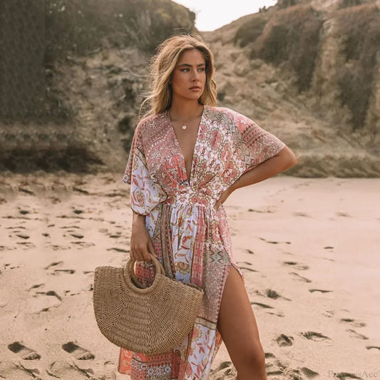 Floral Smock Frock Chiffon Bikini Cover Up Boho Dress