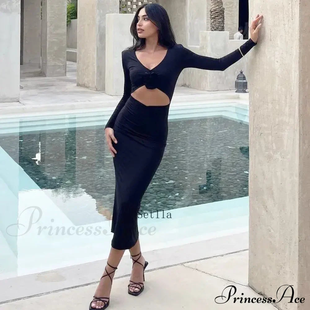 Florale Cut Out Long for Women Long Sleeve Sexy Sexy Midi Dress