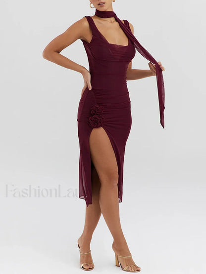 Flower High-Split Midi Dress