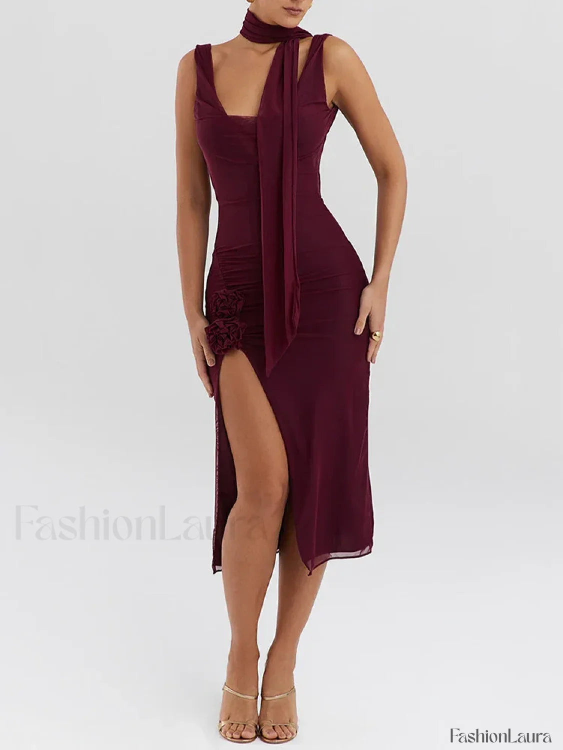 Flower High-Split Midi Dress