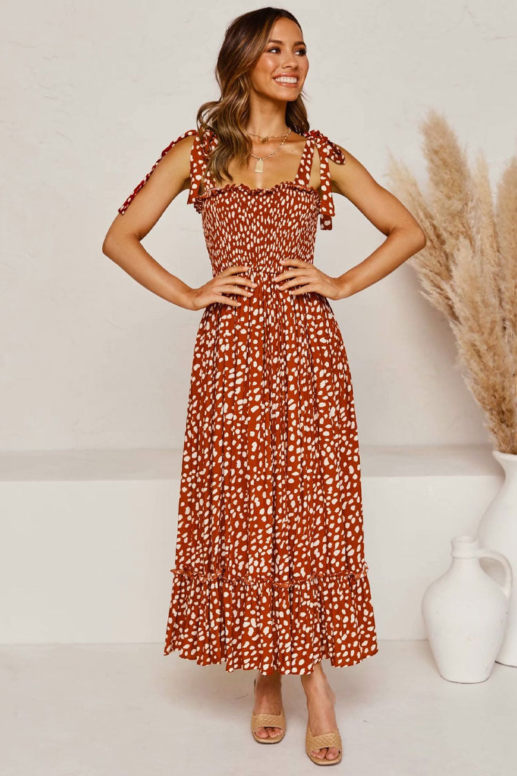 Print Smocked Tie Strap Tiered Ruffle Maxi Dress