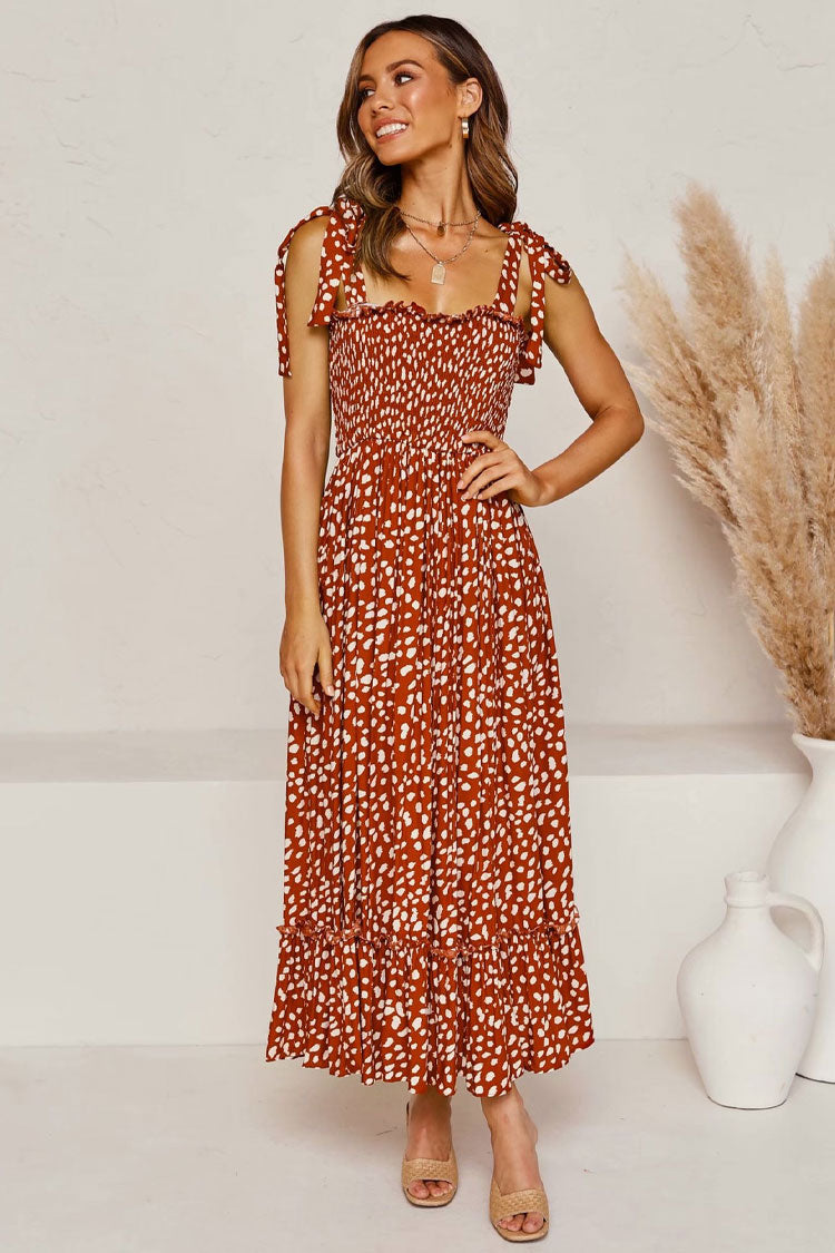 Print Smocked Tie Strap Tiered Ruffle Maxi Dress
