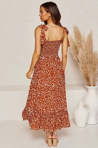 Print Smocked Tie Strap Tiered Ruffle Maxi Dress