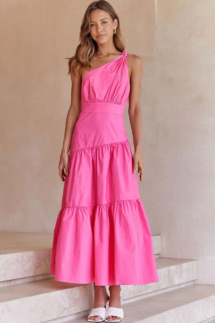 One-Shoulder Knot Strap Ruched Tiered Ruffle Midi Dress