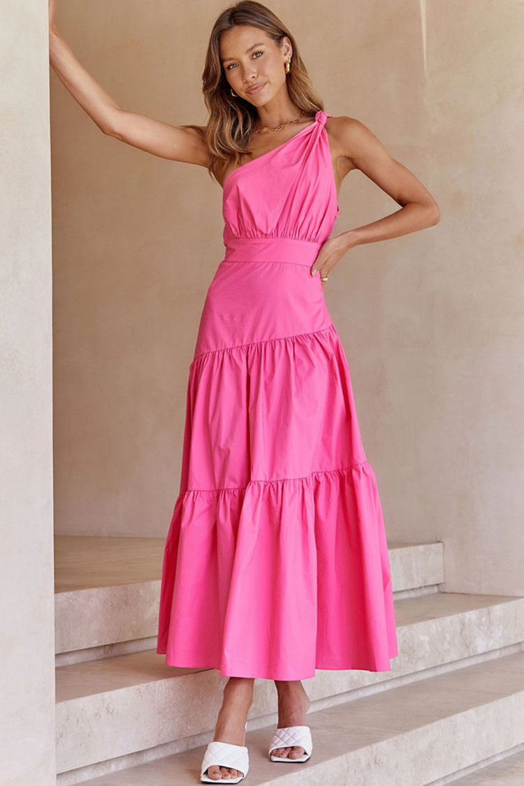 One-Shoulder Knot Strap Ruched Tiered Ruffle Midi Dress