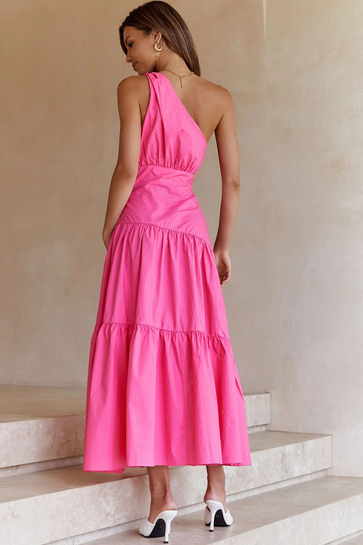 One-Shoulder Knot Strap Ruched Tiered Ruffle Midi Dress