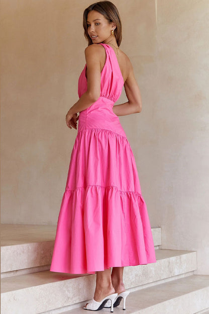 One-Shoulder Knot Strap Ruched Tiered Ruffle Midi Dress