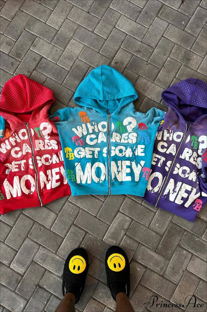 Foam Letter Print Hip-Hop Zip Hoodie