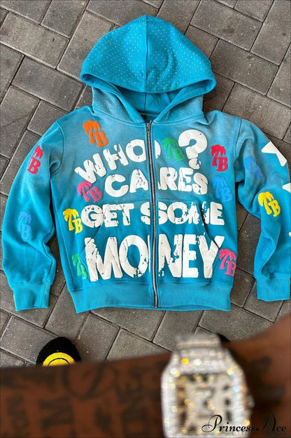 Foam Letter Print Hip-Hop Zip Hoodie