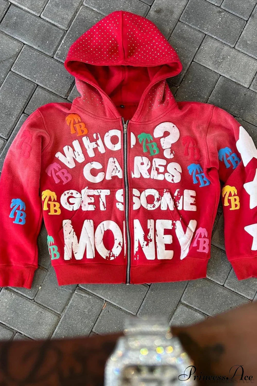Foam Letter Print Hip-Hop Zip Hoodie