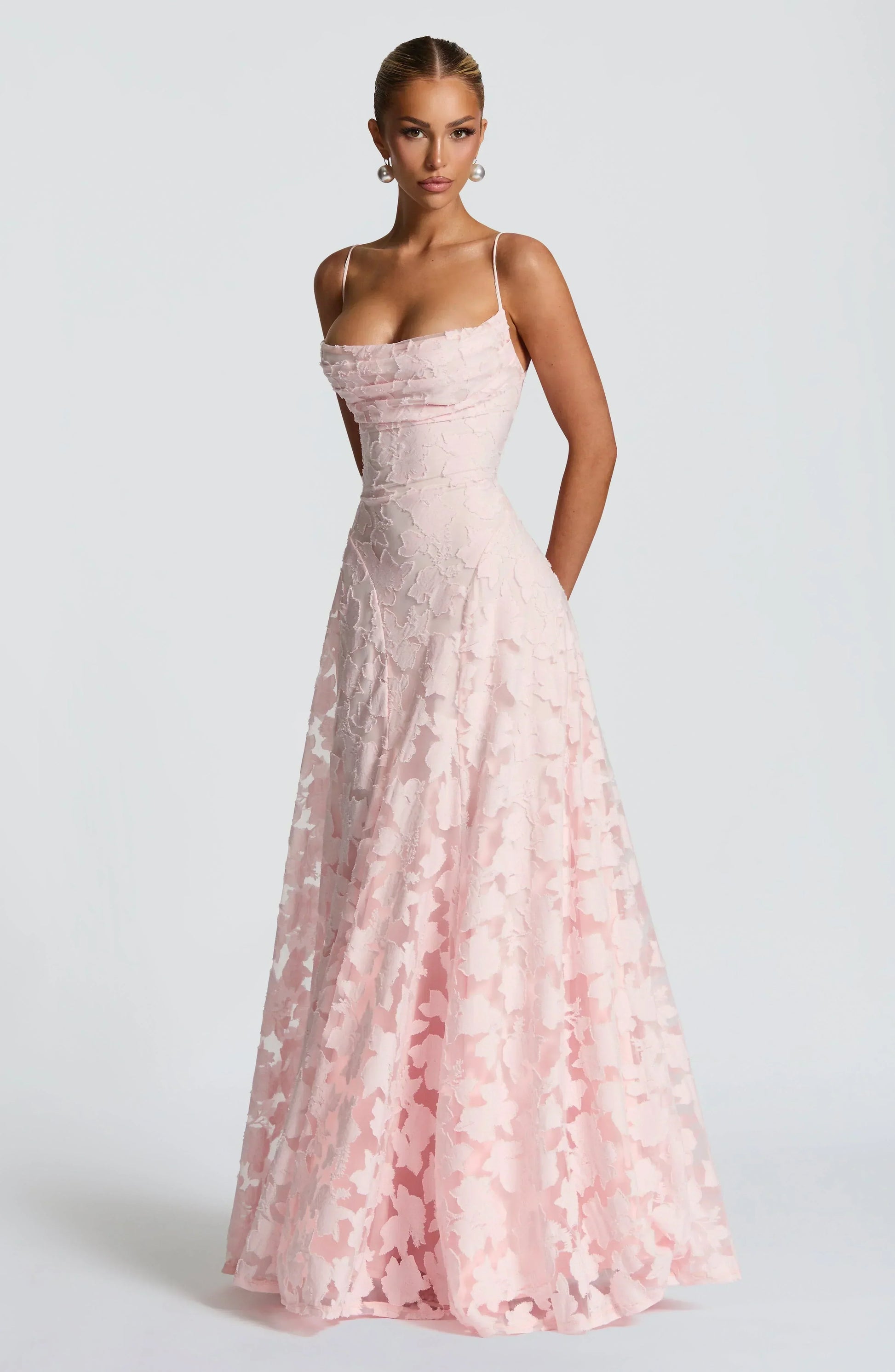 Square Neck Spaghetti Strap 3D Floral Applique Textured Floor Length Gown