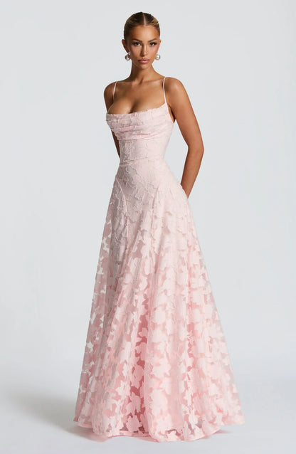 Square Neck Spaghetti Strap 3D Floral Applique Textured Floor Length Gown