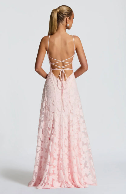 Square Neck Spaghetti Strap 3D Floral Applique Textured Floor Length Gown