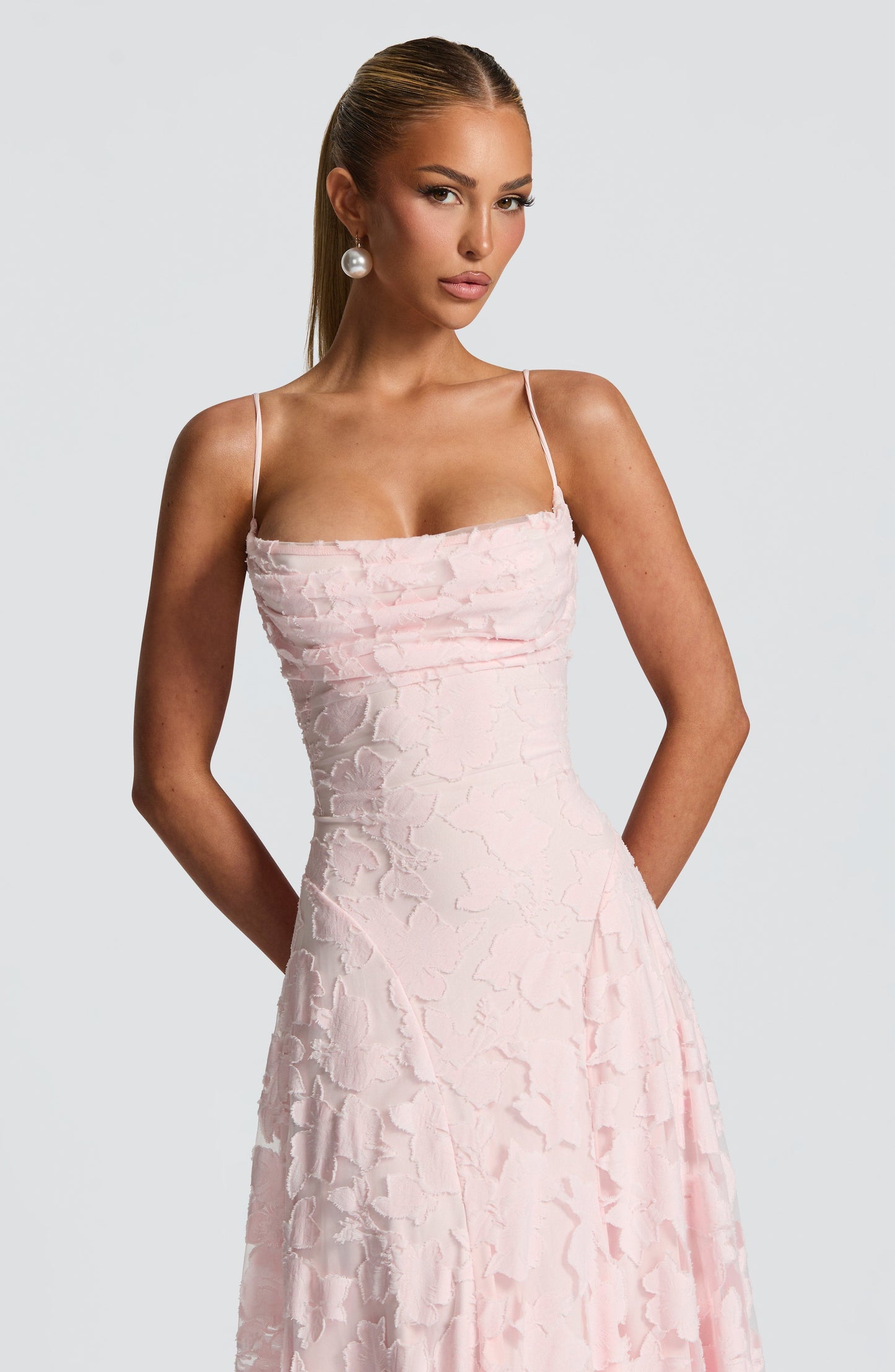 Square Neck Spaghetti Strap 3D Floral Applique Textured Floor Length Gown