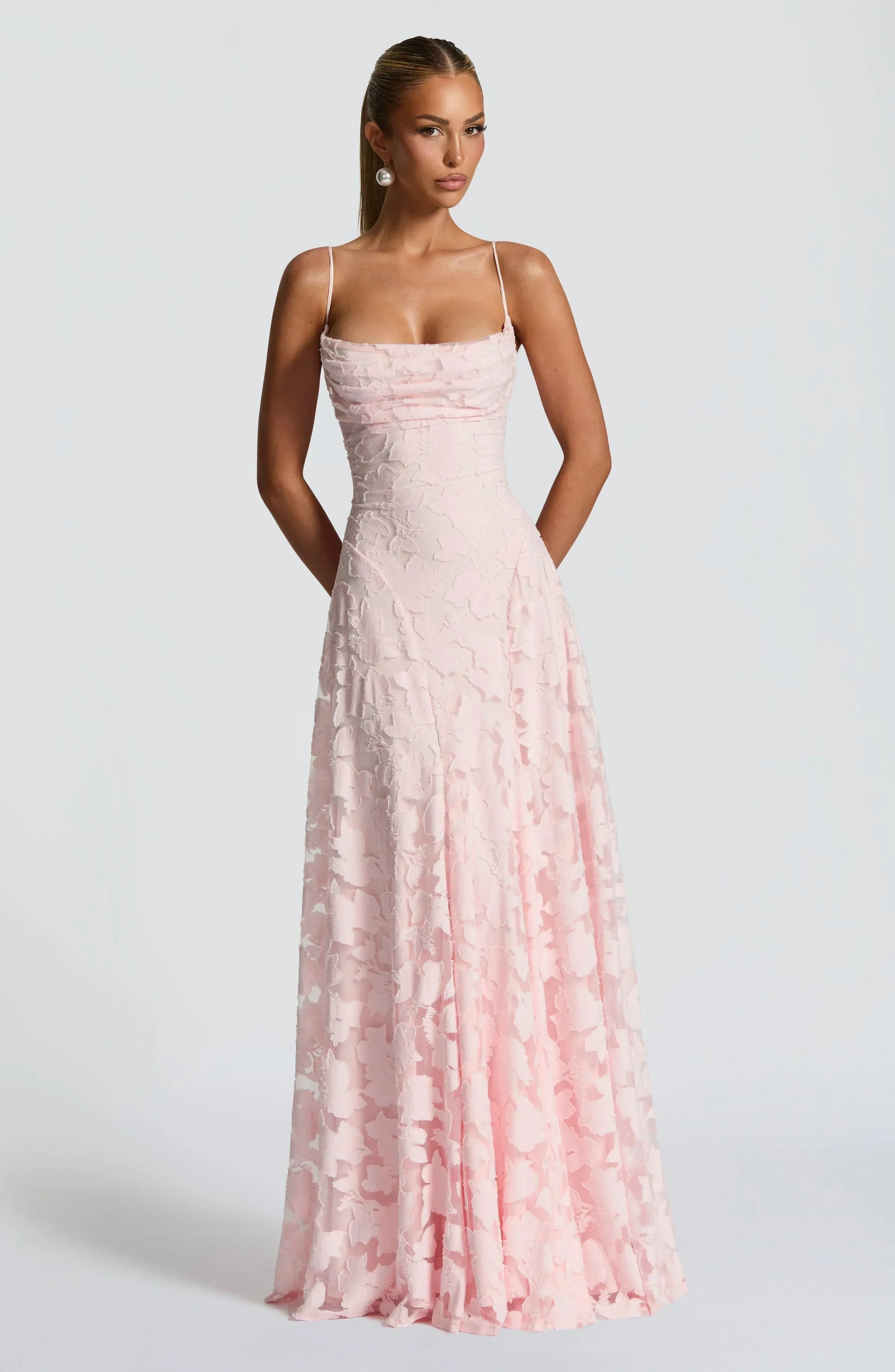 Square Neck Spaghetti Strap 3D Floral Applique Textured Floor Length Gown