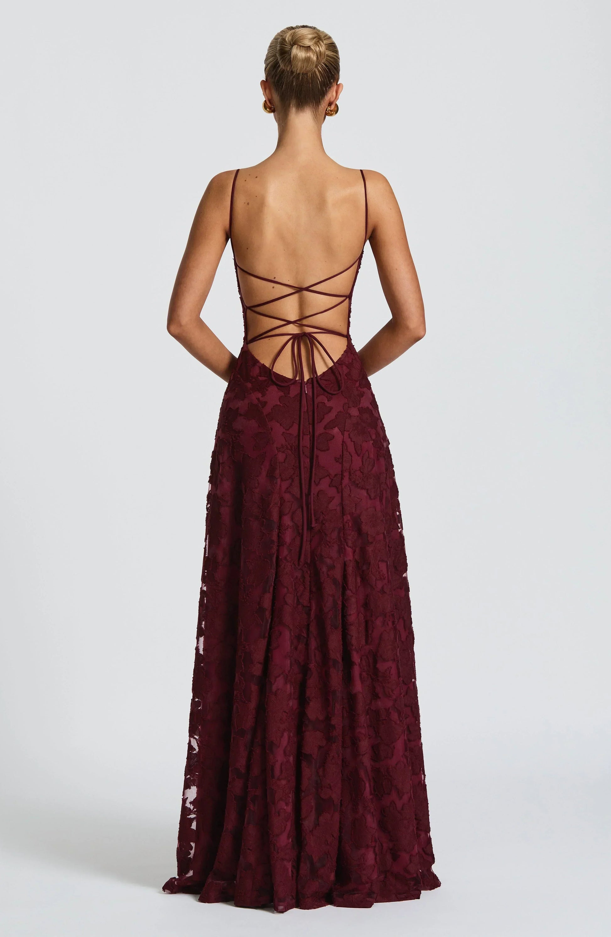 Square Neck Spaghetti Strap 3D Floral Applique Textured Floor Length Gown