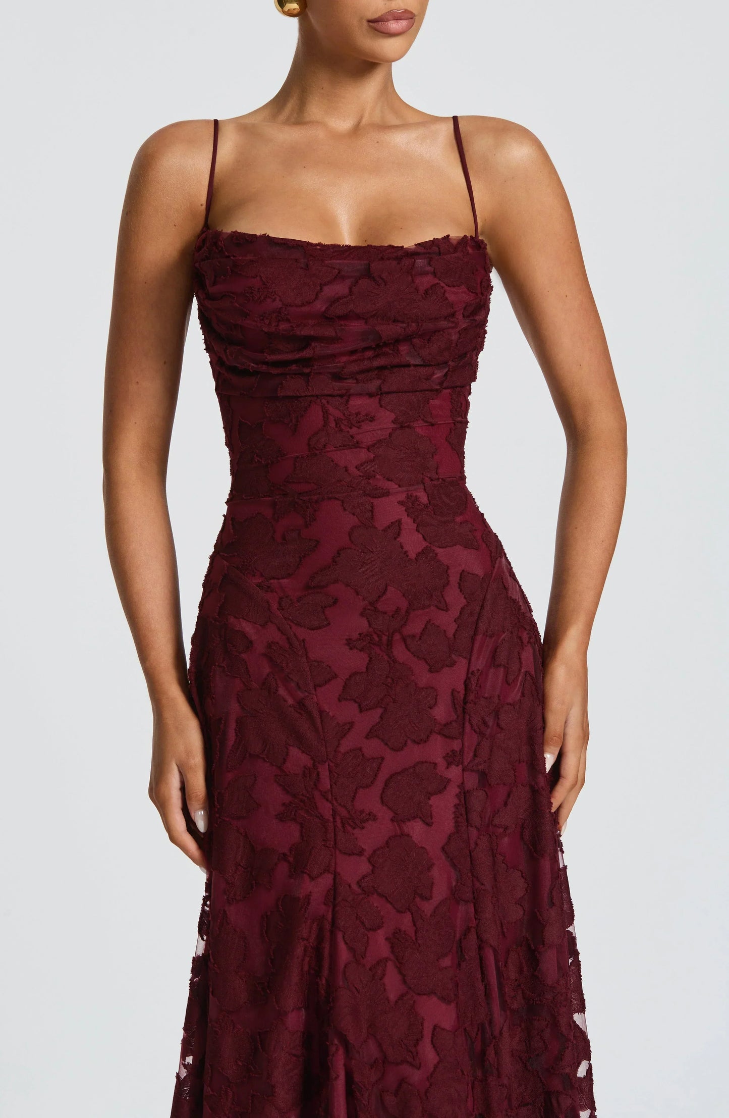 Square Neck Spaghetti Strap 3D Floral Applique Textured Floor Length Gown