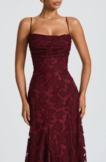 Square Neck Spaghetti Strap 3D Floral Applique Textured Floor Length Gown