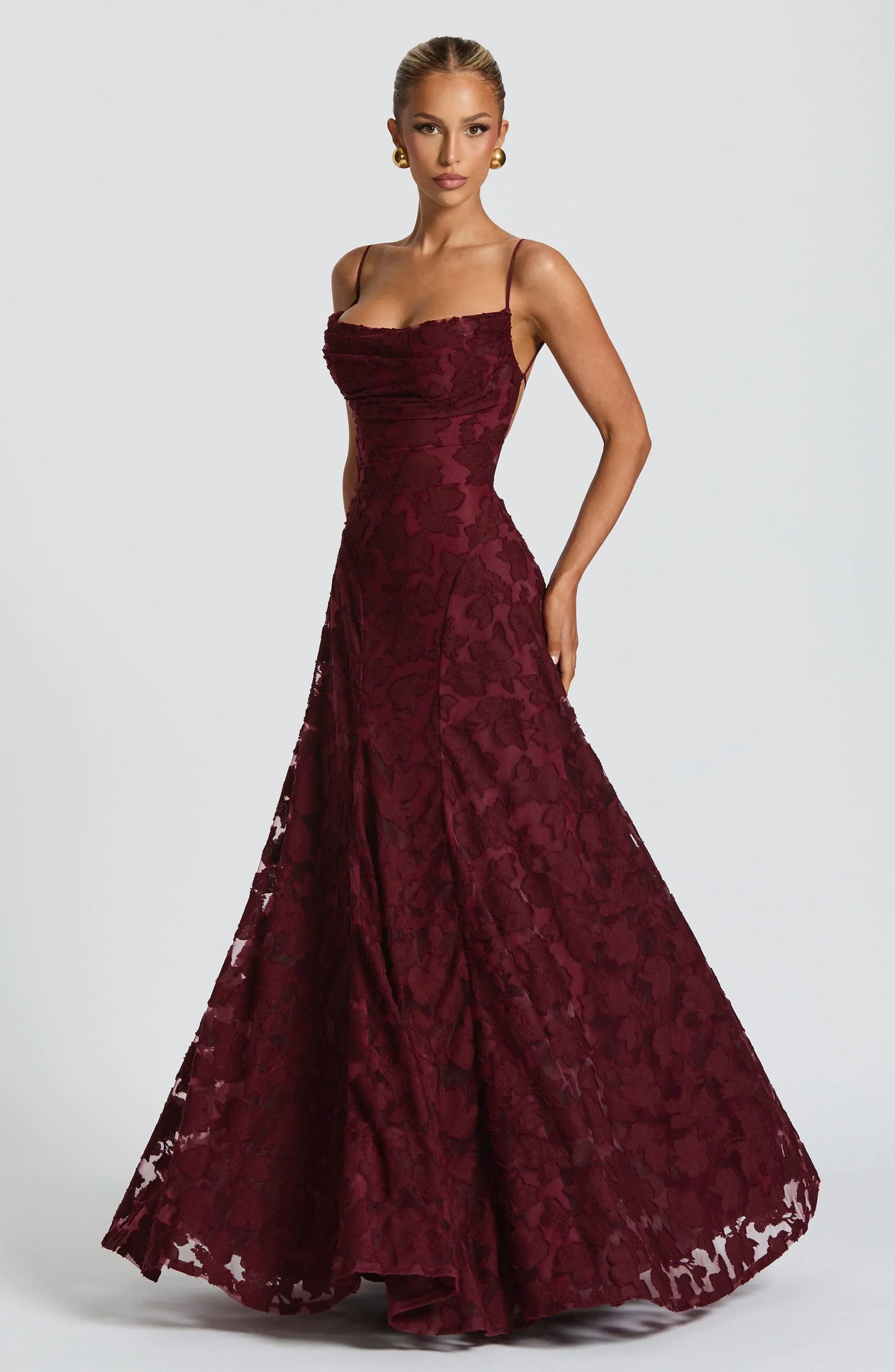 Square Neck Spaghetti Strap 3D Floral Applique Textured Floor Length Gown