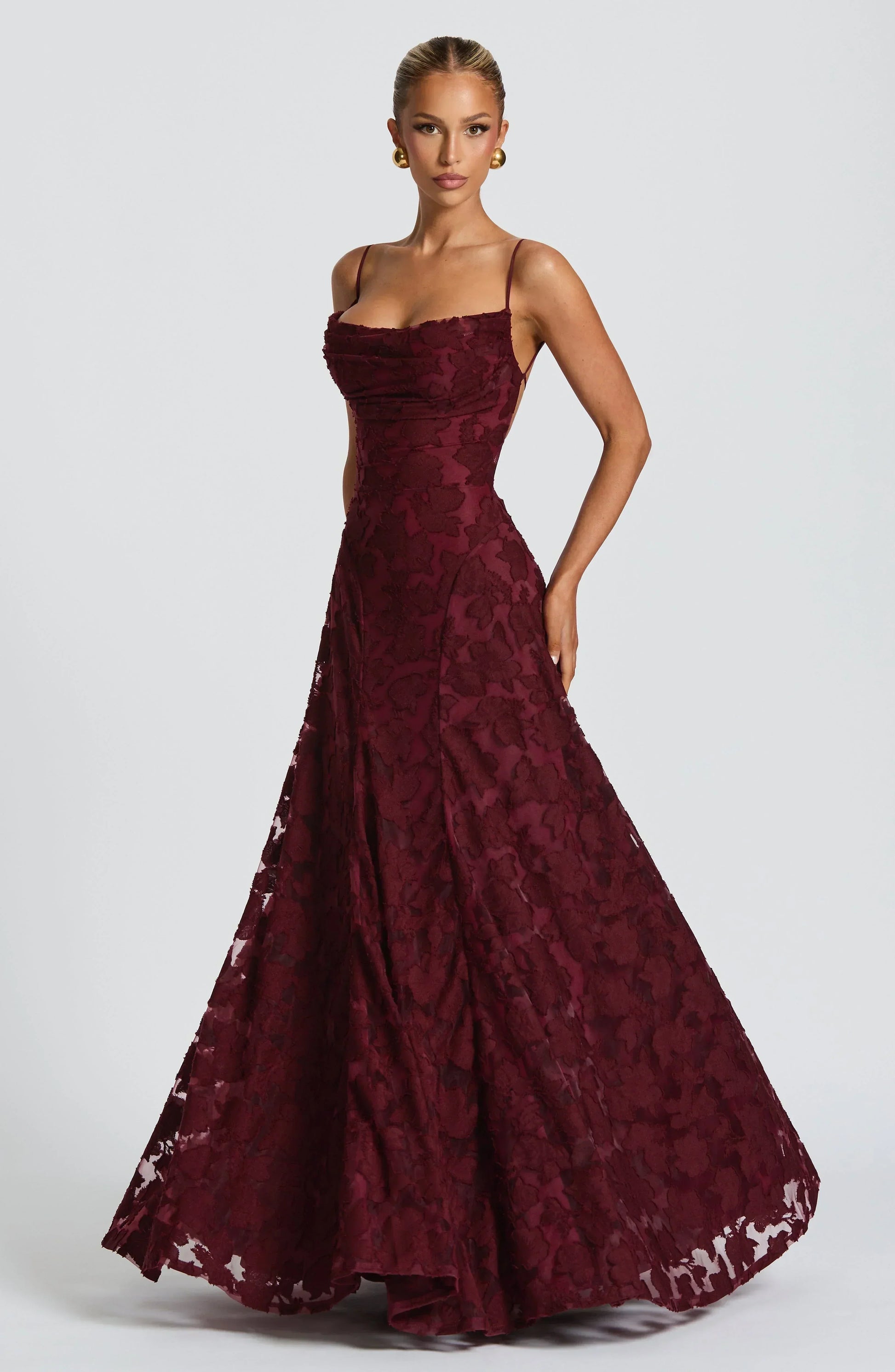 Square Neck Spaghetti Strap 3D Floral Applique Textured Floor Length Gown