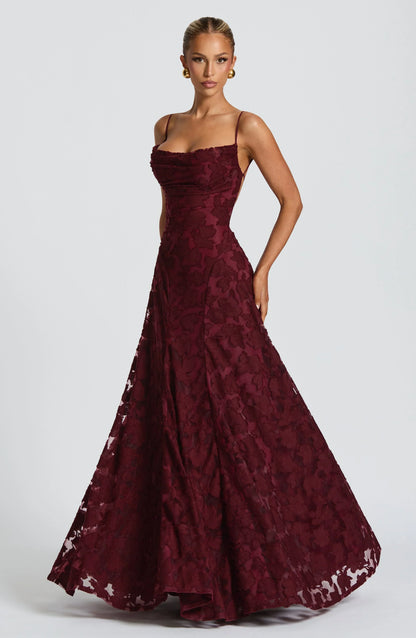 Square Neck Spaghetti Strap 3D Floral Applique Textured Floor Length Gown