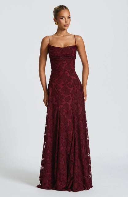 Square Neck Spaghetti Strap 3D Floral Applique Textured Floor Length Gown