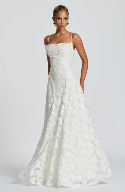 Square Neck Spaghetti Strap 3D Floral Applique Textured Floor Length Gown