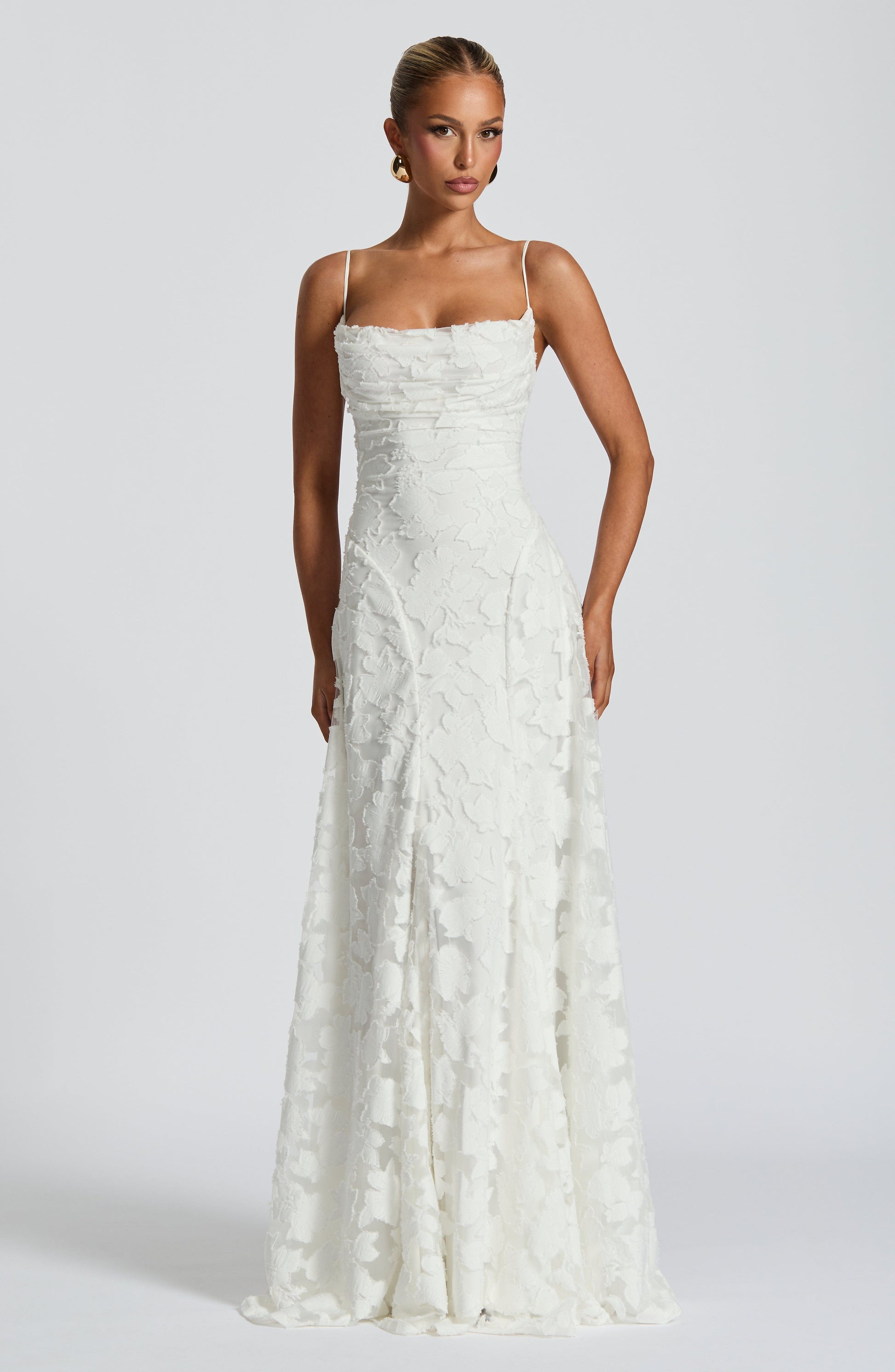 Square Neck Spaghetti Strap 3D Floral Applique Textured Floor Length Gown