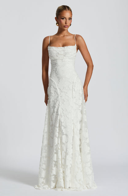 Square Neck Spaghetti Strap 3D Floral Applique Textured Floor Length Gown