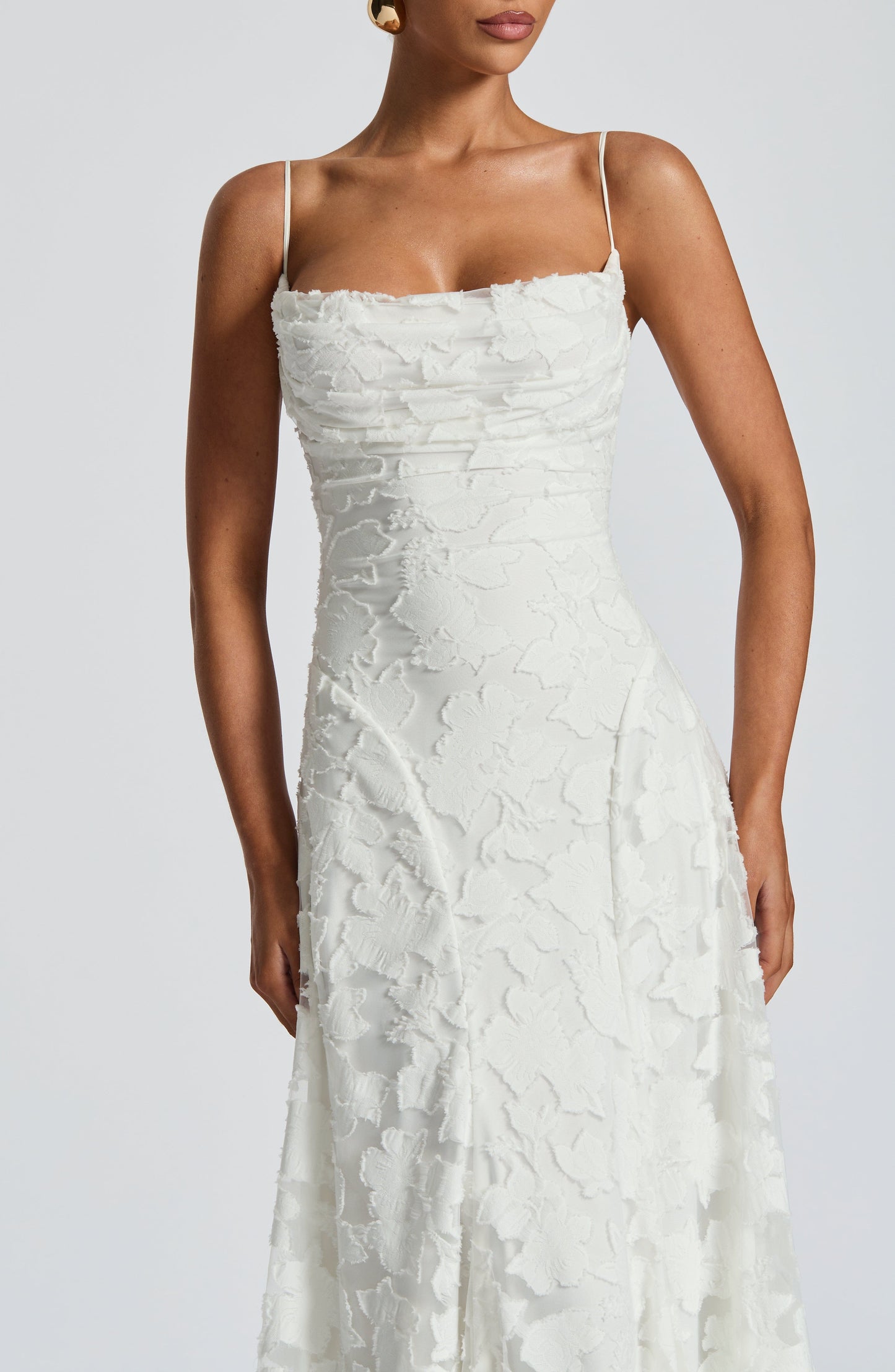 Square Neck Spaghetti Strap 3D Floral Applique Textured Floor Length Gown