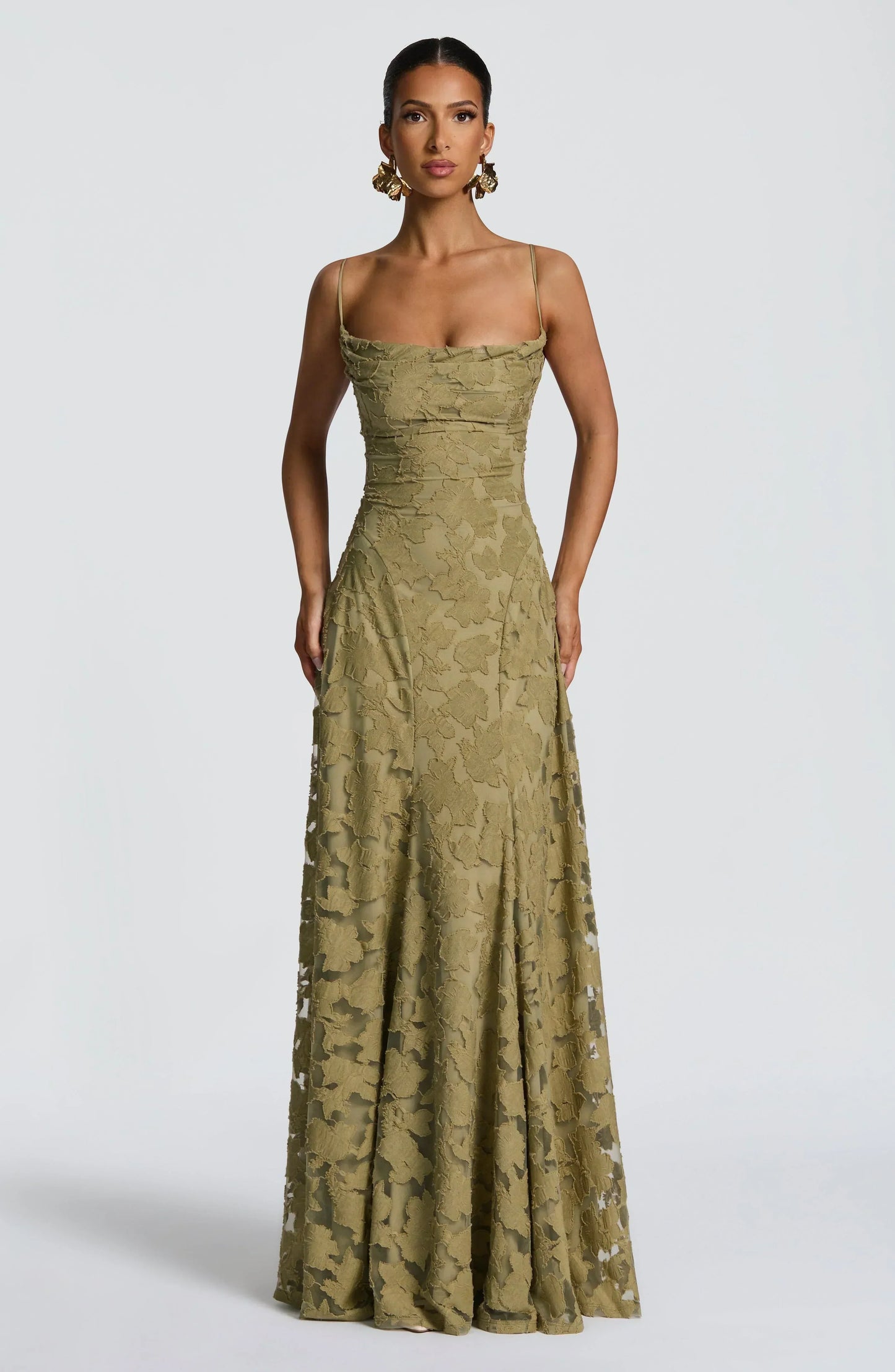 Square Neck Spaghetti Strap 3D Floral Applique Textured Floor Length Gown