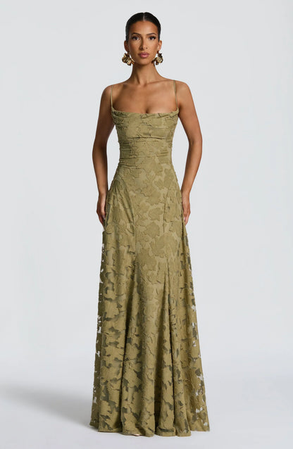 Square Neck Spaghetti Strap 3D Floral Applique Textured Floor Length Gown