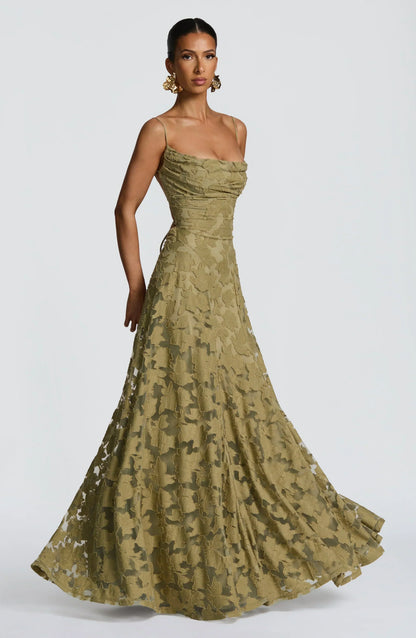 Square Neck Spaghetti Strap 3D Floral Applique Textured Floor Length Gown